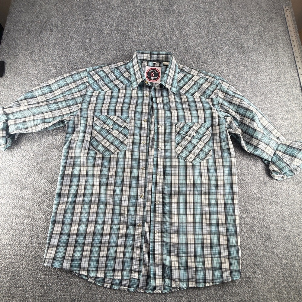 Double S Mens Western Pearl Snap Plaid Shirt Turquoise Blue Black LARGE Long Slv